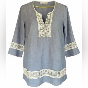 BODEN Size 2 Petite Top Hampton Chambray Top White Crochet Lace 3/4 Sleeve Blue